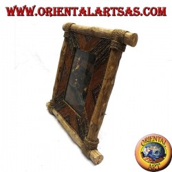 Cadre photo vertical en bois de café et décorations en écorce et éléments naturels 35 x 33 cm