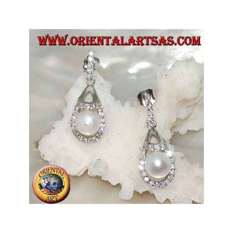 Silver drop earrings with white freshwater pearl surrounded by cubic zirconia