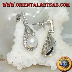 Silver drop earrings with white freshwater pearl surrounded by cubic zirconia