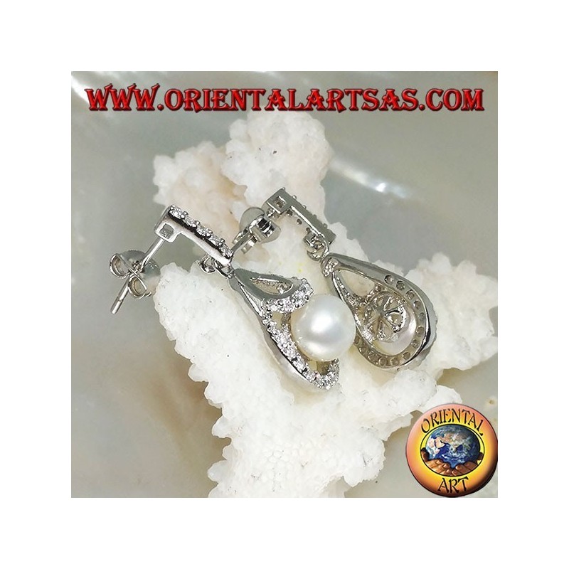 Silver drop earrings with white freshwater pearl surrounded by cubic zirconia