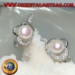 Boucles d'oreilles à fermoir à levier en argent avec perle enveloppée dans un fil noué avec de la zircone cubique