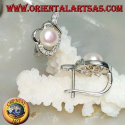 Silver lever-lock earrings with pearl wrapped in a thread knotted with cubic zirconia