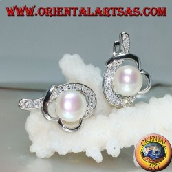 Silberne Ohrringe mit Hebelverschluss mit Perle in einem mit Zirkonia geknoteten Faden