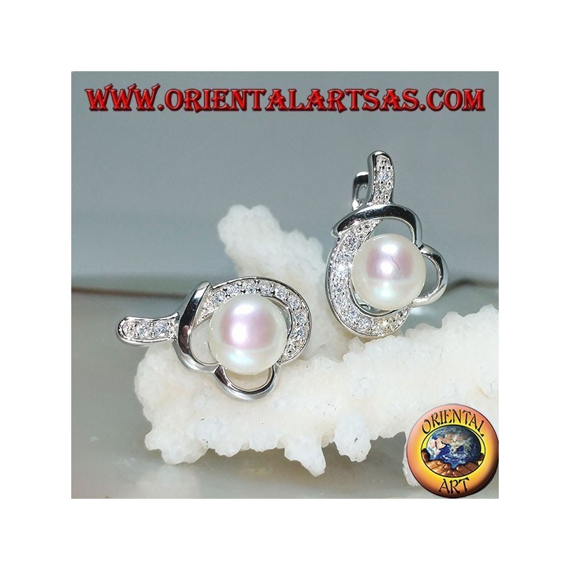 Silberne Ohrringe mit Hebelverschluss mit Perle in einem mit Zirkonia geknoteten Faden