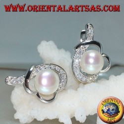 Silberne Ohrringe mit Hebelverschluss mit Perle in einem mit Zirkonia geknoteten Faden