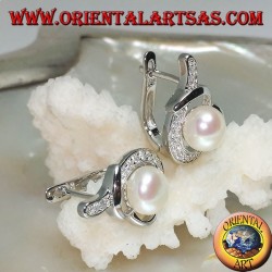 Silver lever-lock earrings with pearl wrapped in a thread knotted with cubic zirconia