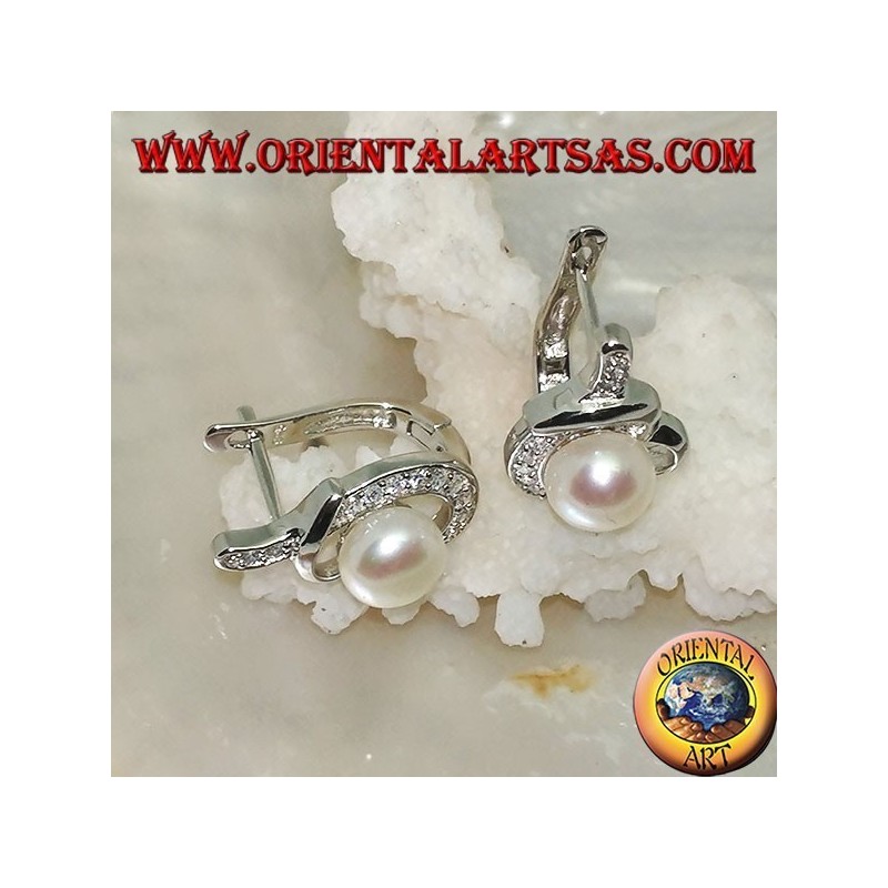 Silver lever-lock earrings with pearl wrapped in a thread knotted with cubic zirconia