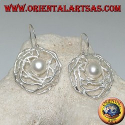 Dangling silver earrings with white freshwater pearl in a round satin weave of threads