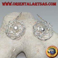 Dangling silver earrings with white freshwater pearl in a round satin weave of threads