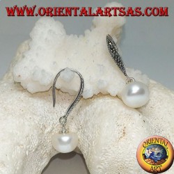Silver earrings with white freshwater pearl and marcasite hook