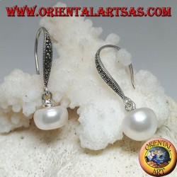 Silver earrings with white freshwater pearl and marcasite hook