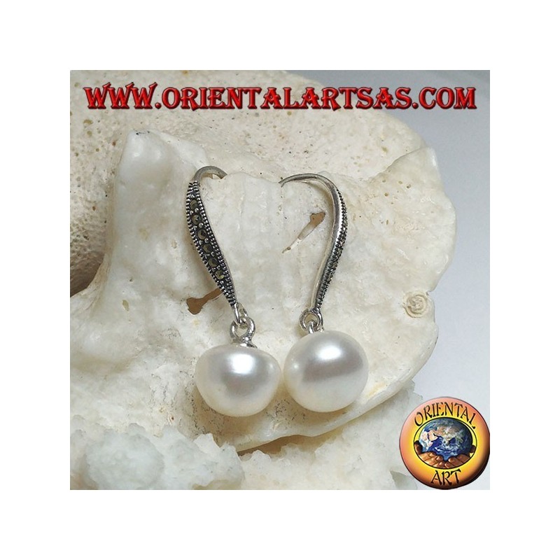 Silver earrings with white freshwater pearl and marcasite hook