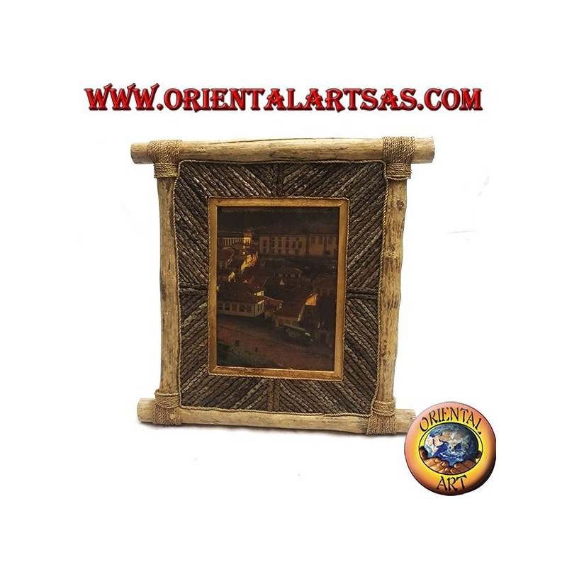 Vertikaler Fotorahmen aus Kaffeeholz und Dekorationen aus Rindenstäbchen (35 x 33 cm)