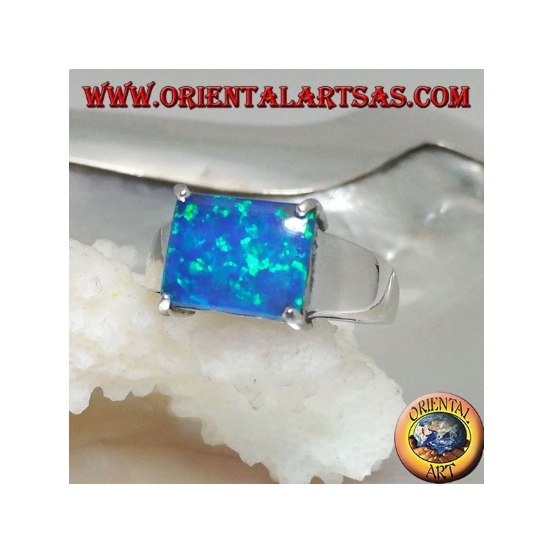 Silberring mit horizontalem rechteckigem blauem Opal in vier Teile