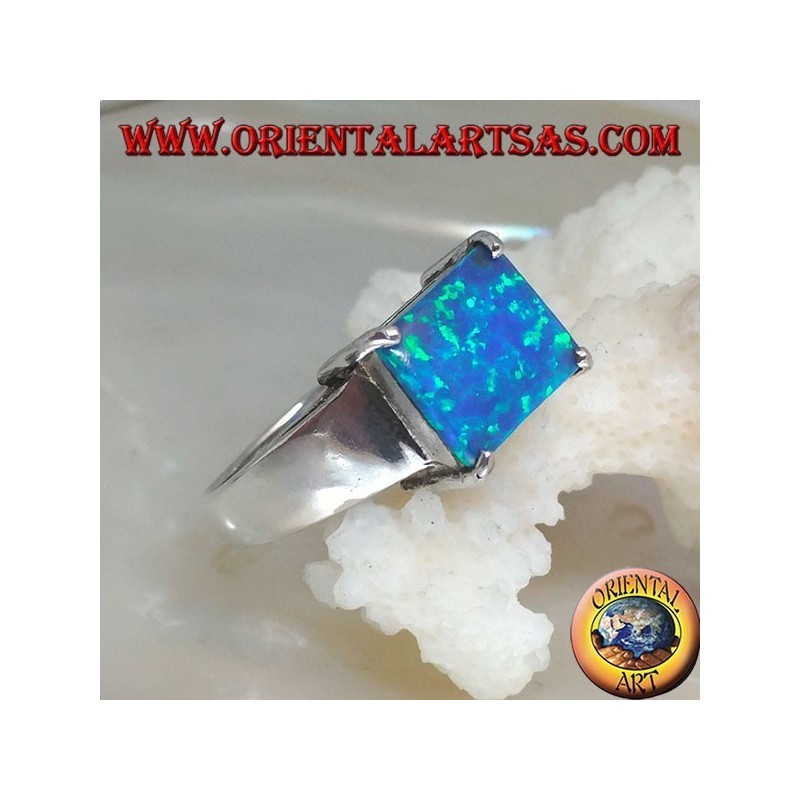 Silberring mit horizontalem rechteckigem blauem Opal in vier Teile