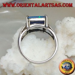 Silver ring with horizontal rectangular blue opal set in four