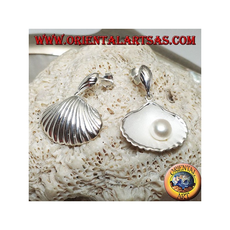 Silver earrings with satin mother shell inside and freshwater pearl