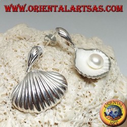 Silver earrings with satin mother shell inside and freshwater pearl