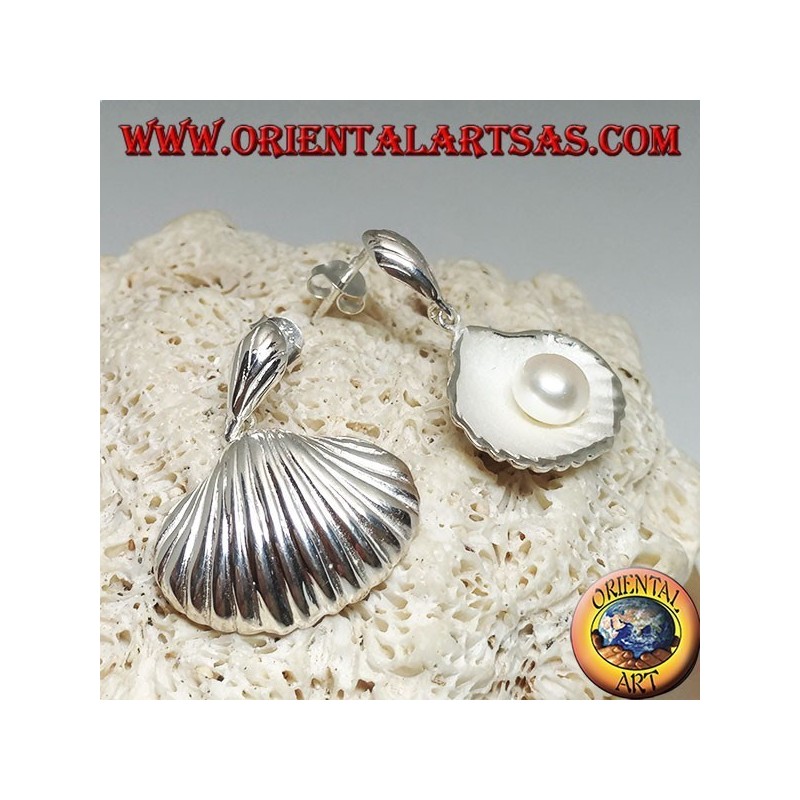 Silver earrings with satin mother shell inside and freshwater pearl