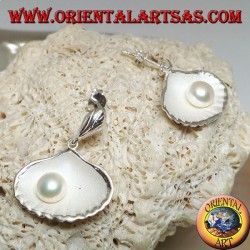 Silver earrings with satin mother shell inside and freshwater pearl