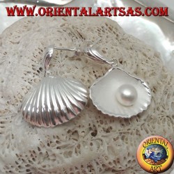 Silver earrings with satin mother shell inside and freshwater pearl