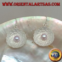 Silver earrings with pink freshwater pearl in the round satin shell inside