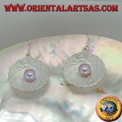Silver earrings with pink freshwater pearl in the round satin shell inside