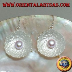 Silver earrings with pink freshwater pearl in the round satin shell inside