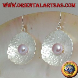 Silver earrings with pink freshwater pearl in the round satin shell inside