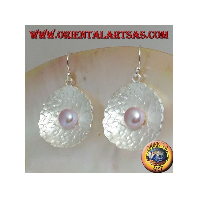 Silver earrings with pink freshwater pearl in the round satin shell inside