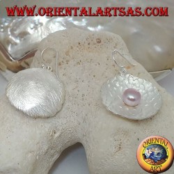 Silver earrings with pink freshwater pearl in the round satin shell inside