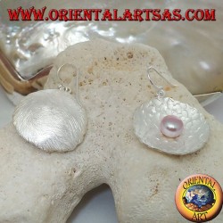 Silver earrings with pink freshwater pearl in the round satin shell inside