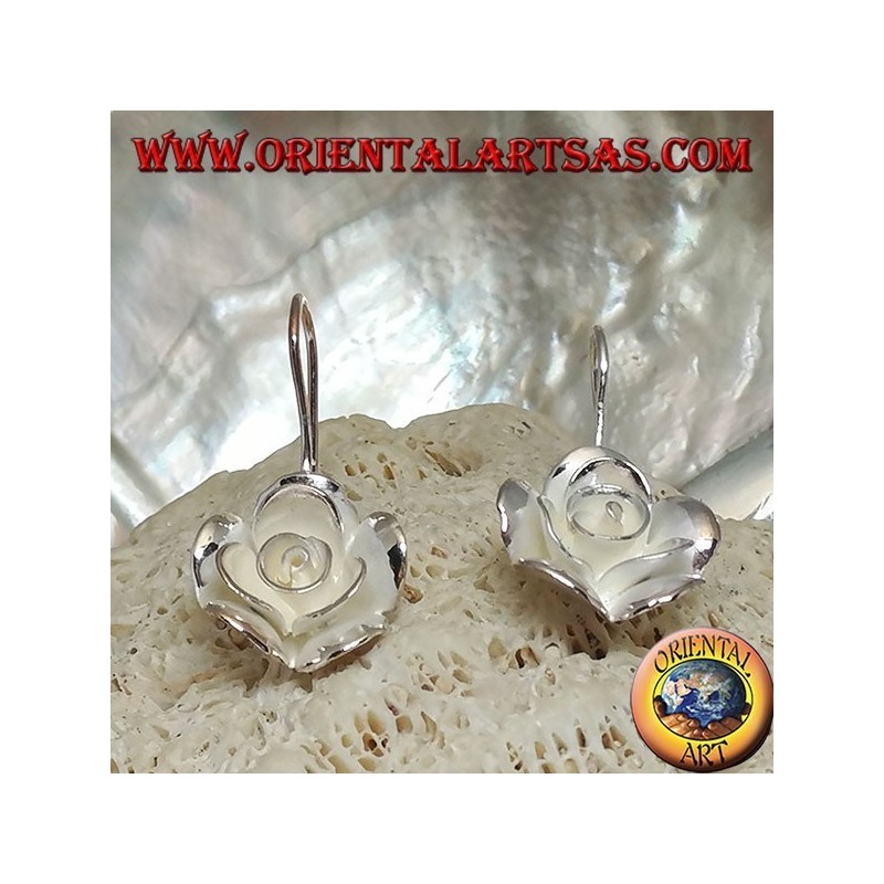 Silver earrings in the shape of a large rose with satin finish