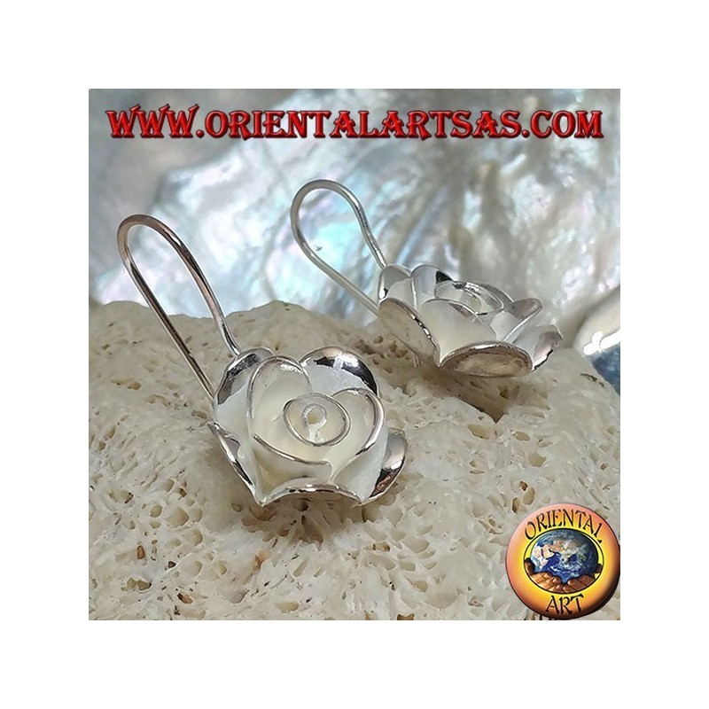 Silver earrings in the shape of a large rose with satin finish