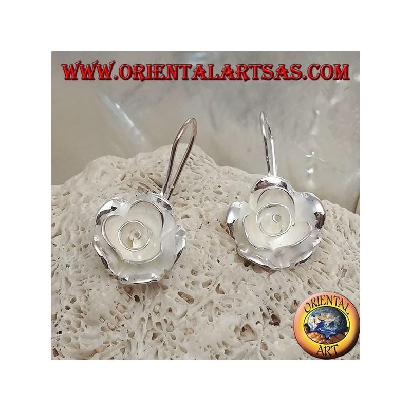 Silver earrings in the shape of a large rose with satin finish