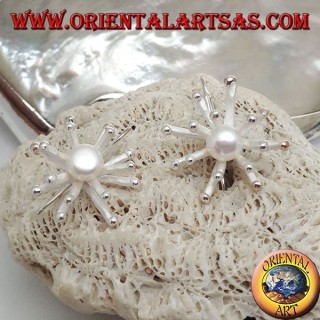 Silver earrings in the shape of a sea anemone in satin finish with a central white freshwater pearl