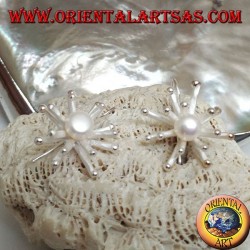 Silver earrings in the shape of a sea anemone in satin finish with a central white freshwater pearl