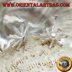 Boucles d'oreilles en argent en forme d'anémone de mer au fini satiné avec une perle d'eau douce blanche centrale