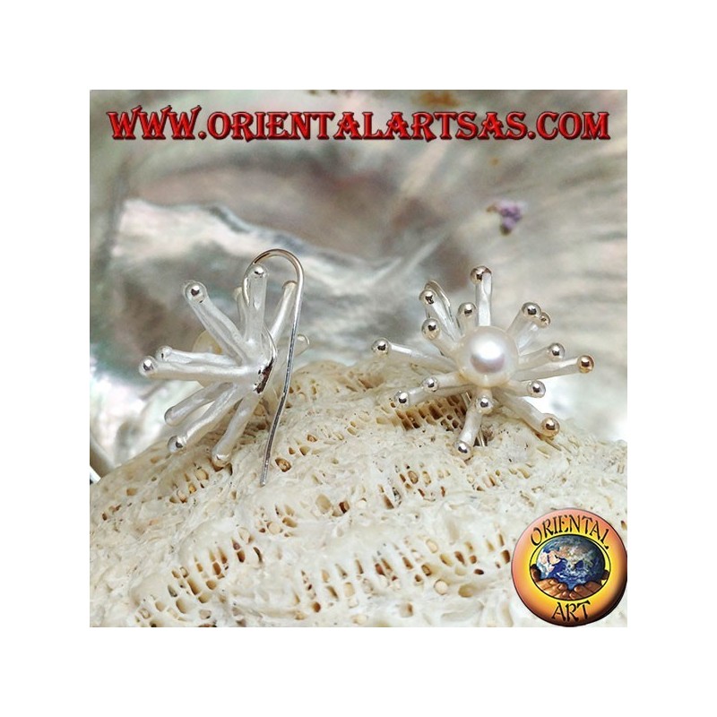 Silver earrings in the shape of a sea anemone in satin finish with a central white freshwater pearl