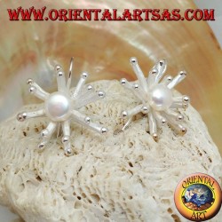 Silver earrings in the shape of a sea anemone in satin finish with a central white freshwater pearl