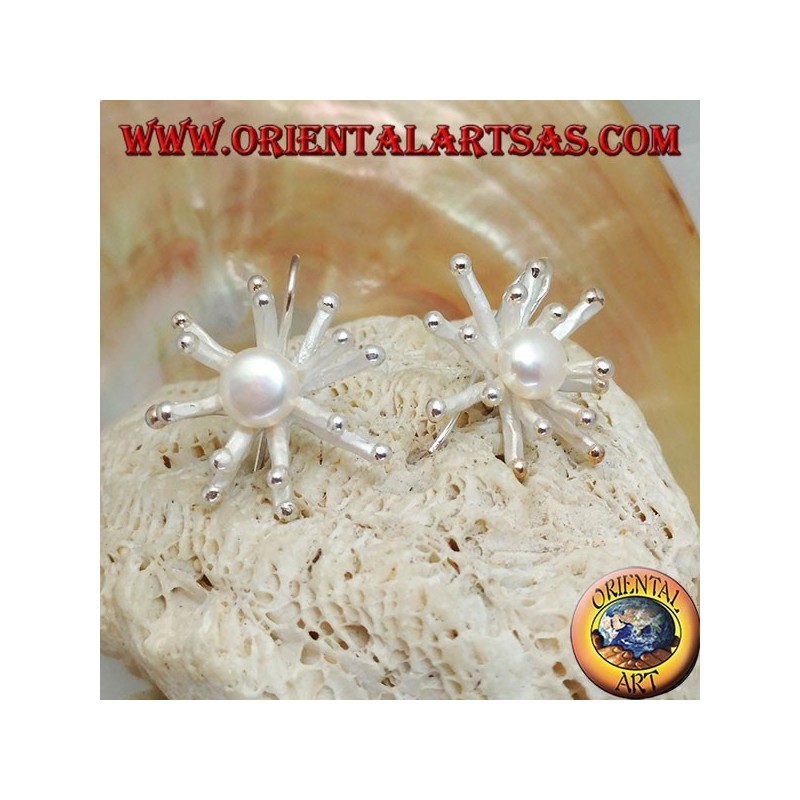 Silver earrings in the shape of a sea anemone in satin finish with a central white freshwater pearl