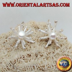Boucles d'oreilles en argent en forme d'anémone de mer au fini satiné avec une perle d'eau douce blanche centrale