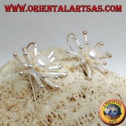 Silver earrings in the shape of a sea anemone in satin finish with a central white freshwater pearl