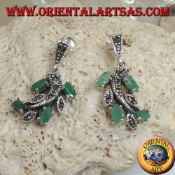 Branch silver earrings with marcasite studded leaves and with natural shuttle emeralds set