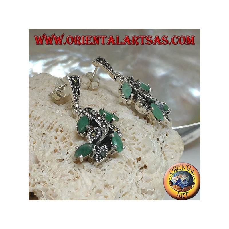 Orecchini in argento a ramo con foglie tempestato di marcasite e con smeraldi a navetta naturali incastonati
