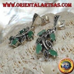 Branch silver earrings with marcasite studded leaves and with natural shuttle emeralds set