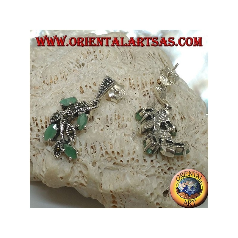 Orecchini in argento a ramo con foglie tempestato di marcasite e con smeraldi a navetta naturali incastonati