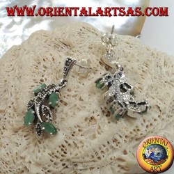 Branch silver earrings with marcasite studded leaves and with natural shuttle emeralds set