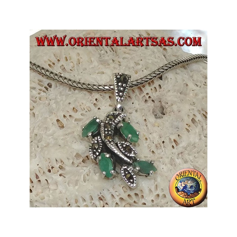 Branch silver pendant with marcasite studded leaves and natural shuttle emeralds set