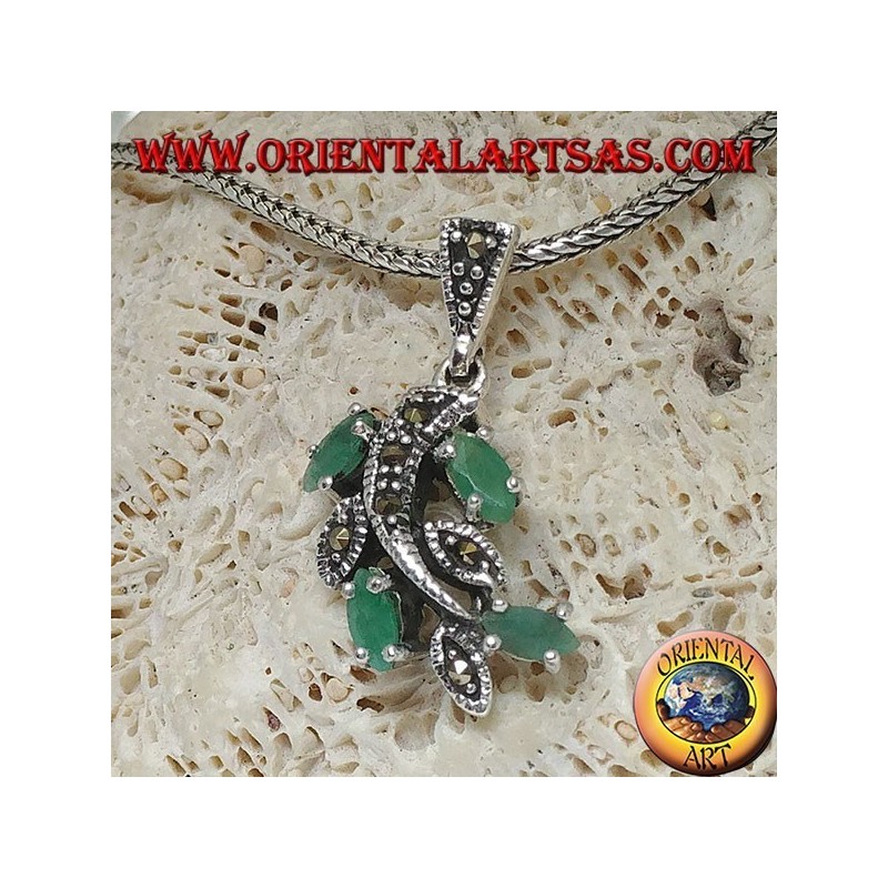 Branch silver pendant with marcasite studded leaves and natural shuttle emeralds set